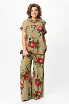 Костюм брючный 1426 хаки + цветы Michel Chic