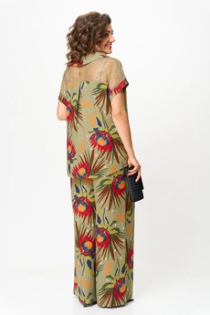 Костюм брючный 1426 хаки + цветы Michel Chic