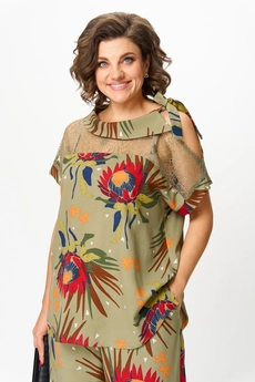 Костюм брючный 1426 хаки + цветы Michel Chic