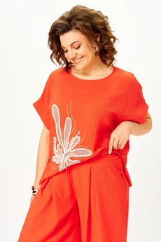 Костюм брючный 1451 красный коралл Michel Chic