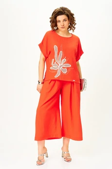 Костюм брючный 1451 красный коралл Michel Chic