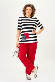 Костюм брючный 1452 красный + полоска Michel Chic