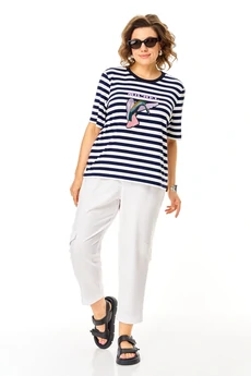 Костюм брючный 1456 белый + полоска Michel Chic