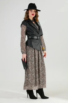 Костюм с платьем 1020-1 коричневый мультиколор + чёрный NikVa