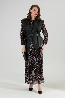 Костюм с платьем 1021-1 листья мультиколор + чёрный NikVa