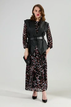Костюм с платьем 1021-1 листья мультиколор + чёрный NikVa
