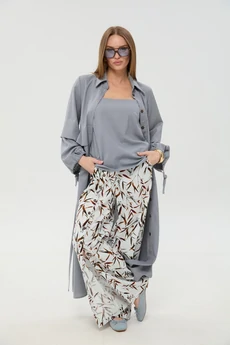 Костюм брючный 976-15 серый и листья мультиколор NikVa