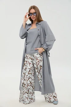 Костюм брючный 976-15 серый и листья мультиколор NikVa