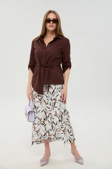 Костюм с юбкой 980-6 шоколад и  листья мультиколор NikVa