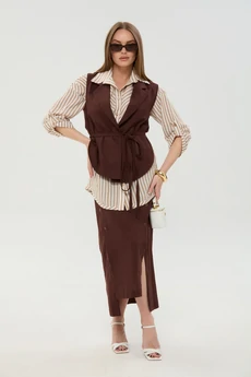 Костюм с юбкой 957-3 шоколад + песочные полосы NikVa