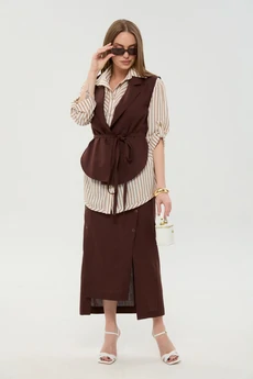 Костюм с юбкой 957-3 шоколад + песочные полосы NikVa