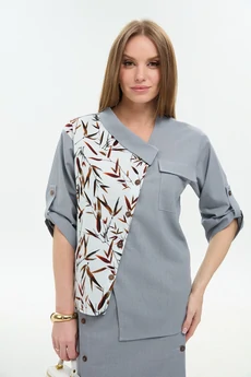 Жакет 902-14 серый + листья мультиколор NikVa