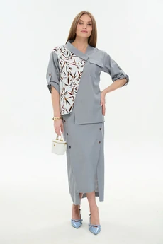Костюм с юбкой 975-3 серый + листья мультиколор NikVa
