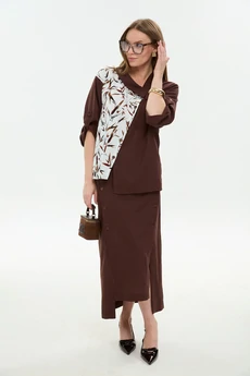 Костюм с юбкой 975-4 шоколад + листья мультиколор NikVa
