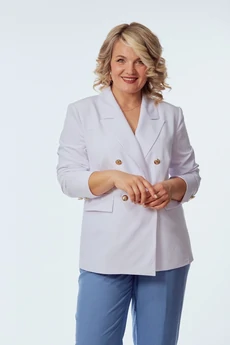 Костюм брючный 246-1 белый с голубым OVERYOU