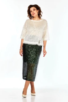 Костюм с юбкой 413 молочный+зеленый Ольга Стиль
