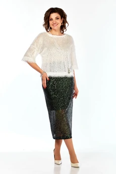Костюм с юбкой 413 молочный+зеленый Ольга Стиль