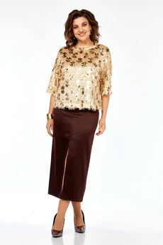 Костюм с юбкой 433 золото + коричневый Ольга Стиль
