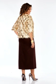 Костюм с юбкой 433 золото + коричневый Ольга Стиль