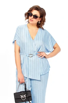 Костюм брючный 1023 голубой + полоска Ольга Стиль