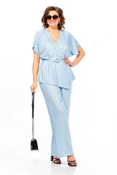 Костюм брючный 1023 голубой + полоска Ольга Стиль