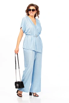 Костюм брючный 1023 голубой + полоска Ольга Стиль