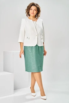 Костюм с платьем 3-2697 белый + зелень Romanovich style