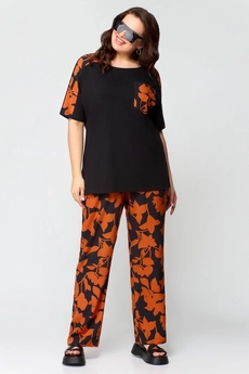 Костюм брючный 1567 черный + оранжевый листик Svetlana Style