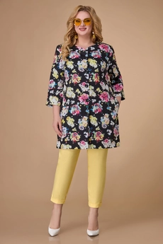 Костюм брючный 1588 черный + цветы + желтый Svetlana Style