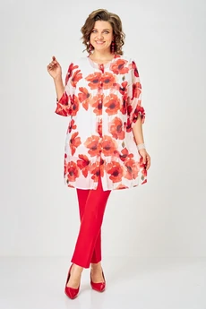 Костюм брючный 2320 красный+цветы Svetlana Style