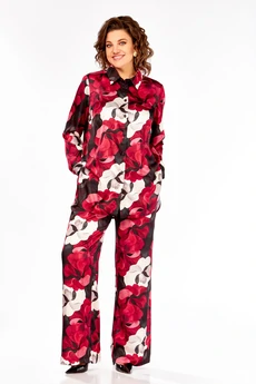 Костюм брючный 893 бордово-бежевые цветы Swallow