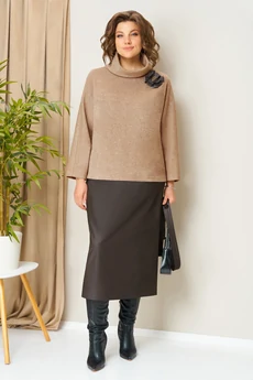 Костюм с юбкой 1447 кэмел + шоколад VOLNA