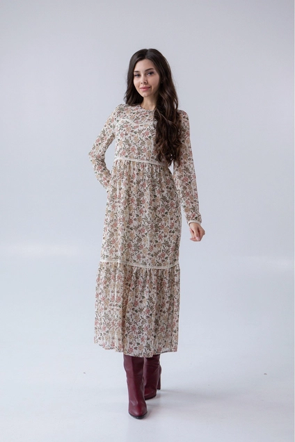 Платье 1084 молочный + зеленый Ivera collection