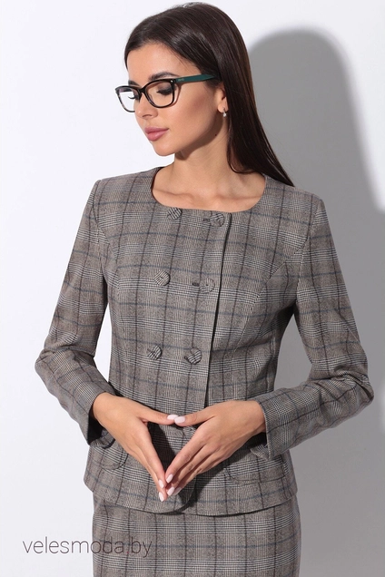 Костюм с юбкой 22915 коричневая клетка+синий+юбка в клетку LeNata