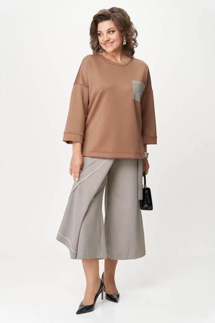 Костюм брючный 1362-2 коричневый + клетка Michel Chic