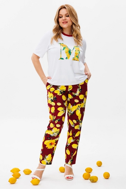 Костюм брючный 1380  белый + бордо Michel Chic