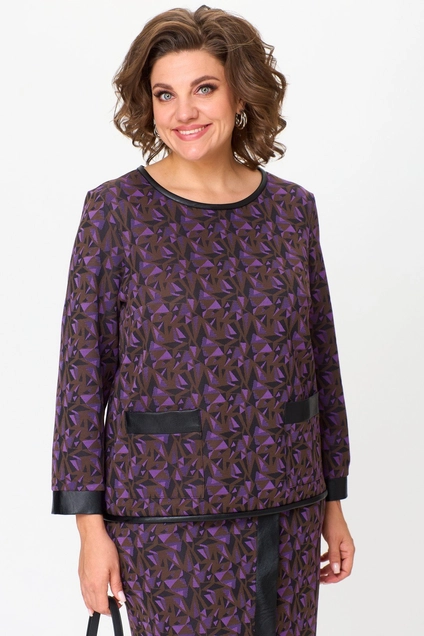 Костюм с юбкой 1394 шоколад + фиолетовый Michel Chic