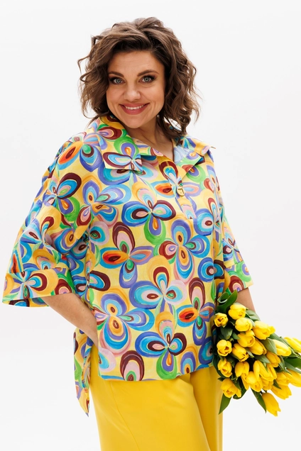 Костюм брючный 1411 мультиколор + охра Michel Chic