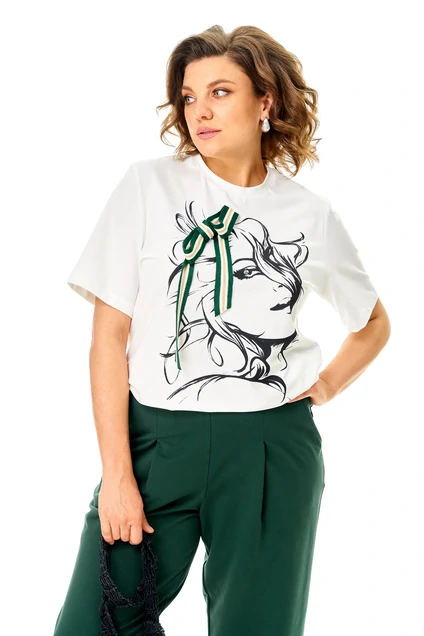 Костюм брючный 1458 темный изумруд+ белый Michel Chic