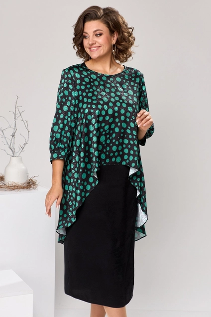 Костюм с платьем 3-2550 чёрный + зелёный Romanovich style