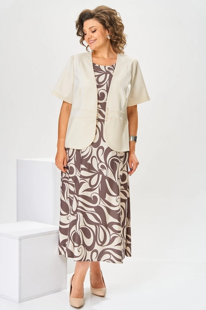 Костюм с платьем 3-2800 беж + коричневый Romanovich style