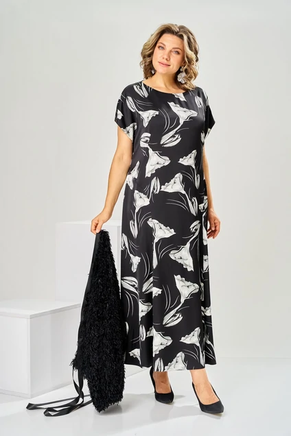 Костюм с платьем 3-2997 чёрный + цветы Romanovich style