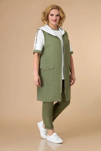 Костюм брючный 1555 оливка + молочный Svetlana Style
