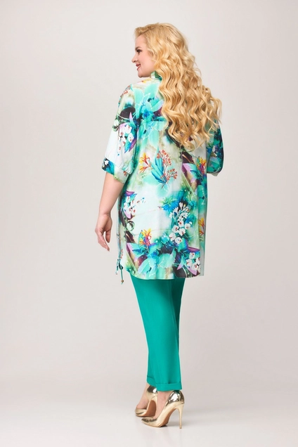 Костюм брючный 1661 бирюзовый + цветы Svetlana Style